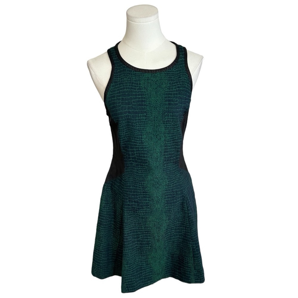 SEA NEW YORK Scoop Neck Mini Dress Green Snakeskin Print Black Leather Party 6
